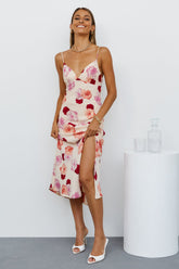 French Print V Neck Split Suspender Dress